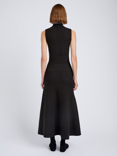Proenza Schouler Back full length image of model wearing Ezme Dress in Souffle Knit in Chicory