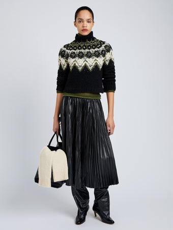 Proenza Schouler Front full length image of model wearing Lizzy Sweater in Textured Fairisle in Black Multi