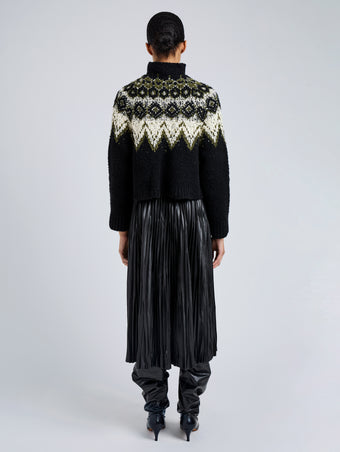 Proenza Schouler Back full length image of model wearing Lizzy Sweater in Textured Fairisle in Black Multi