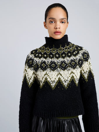 Proenza Schouler Detail image of model wearing Lizzy Sweater in Textured Fairisle in Black Multi