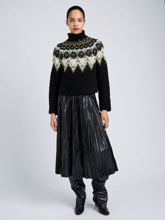 Proenza Schouler Front full length image of model wearing Lizzy Sweater in Textured Fairisle in Black Multi