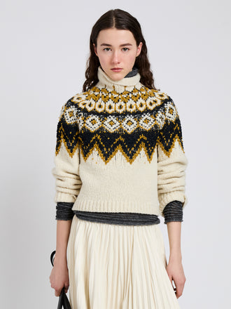 Proenza Schouler Front cropped image of model wearing Lizzy Sweater in Textured Fairisle in Cream Multi