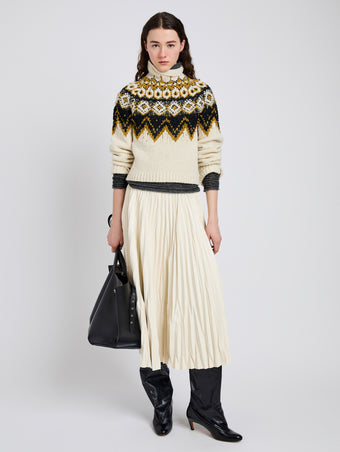 Proenza Schouler Front full length image of model wearing Lizzy Sweater in Textured Fairisle in Cream Multi