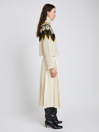 Proenza Schouler Side full length image of model wearing Lizzy Sweater in Textured Fairisle in Cream Multi