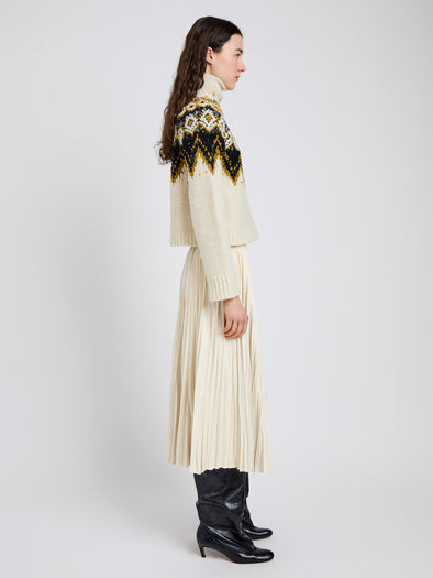 Proenza Schouler Side full length image of model wearing Lizzy Sweater in Textured Fairisle in Cream Multi