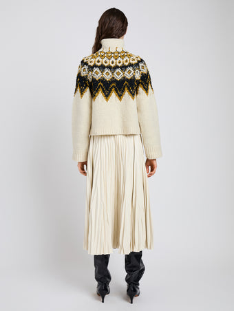 Proenza Schouler Back full length image of model wearing Lizzy Sweater in Textured Fairisle in Cream Multi