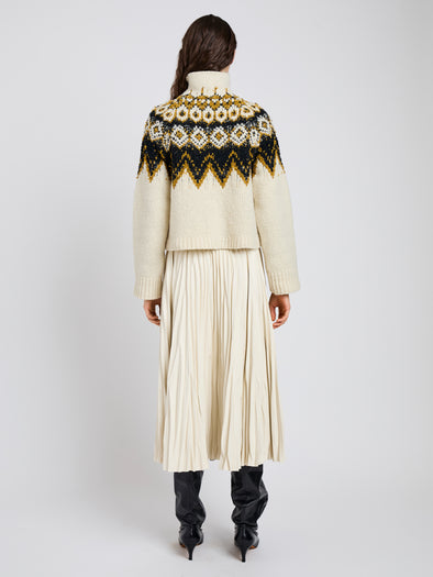 Proenza Schouler Back full length image of model wearing Lizzy Sweater in Textured Fairisle in Cream Multi