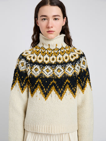 Proenza Schouler Detail image of model wearing Lizzy Sweater in Textured Fairisle in Cream Multi
