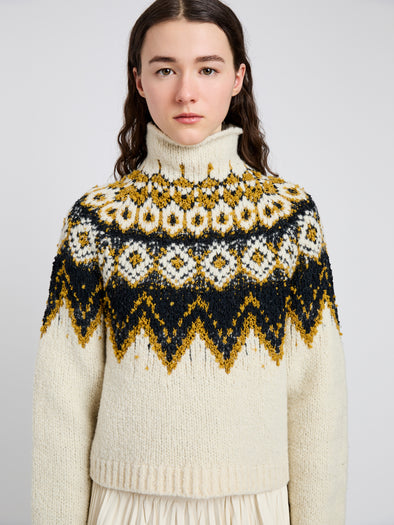 Proenza Schouler Detail image of model wearing Lizzy Sweater in Textured Fairisle in Cream Multi