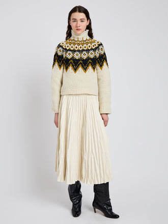 Proenza Schouler Front full length image of model wearing Lizzy Sweater in Textured Fairisle in Cream Multi