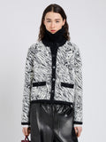 Proenza Schouler cropped image of model wearing Amina Jacket in Jacquard Alpaca in Black, white zebra