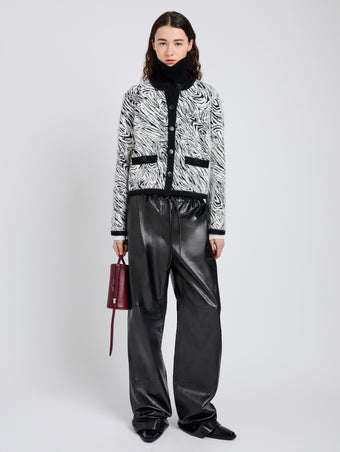 Proenza Schouler Front full length image of model wearing Amina Jacket in Jacquard Alpaca in Black, white zebra