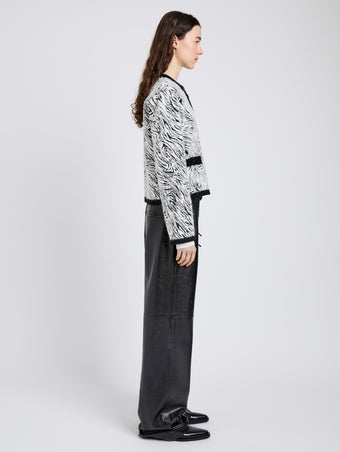 Proenza Schouler Side full length image of model wearing Amina Jacket in Jacquard Alpaca in Black, white zebra