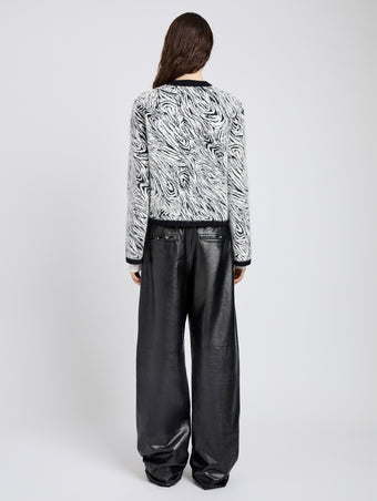 Proenza Schouler Back full length image of model wearing Amina Jacket in Jacquard Alpaca in Black, white zebra
