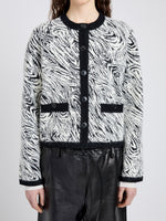 Proenza Schouler Detail image of model wearing Amina Jacket in Jacquard Alpaca in Black, white zebra