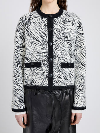 Proenza Schouler Detail image of model wearing Amina Jacket in Jacquard Alpaca in Black, white zebra