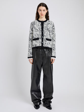 Proenza Schouler Front full length alternate image of model wearing Amina Jacket in Jacquard Alpaca in Black, white zebra