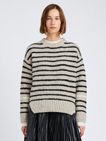 Proenza Schouler Front cropped image of model wearing Leonie Sweater in Stripe Wool in Dark Grey Multi