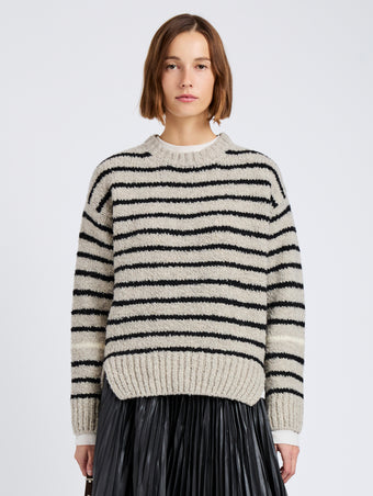 Proenza Schouler Front cropped image of model wearing Leonie Sweater in Stripe Wool in Dark Grey Multi
