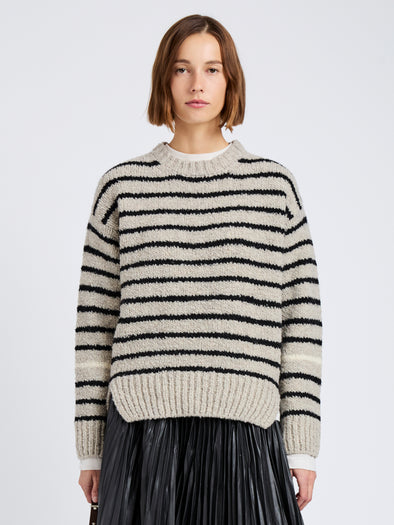 Proenza Schouler Front cropped image of model wearing Leonie Sweater in Stripe Wool in Dark Grey Multi