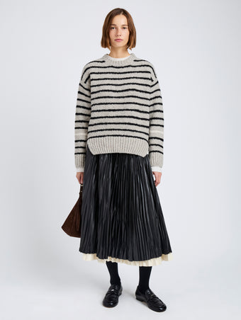 Proenza Schouler Front full length image of model wearing Leonie Sweater in Stripe Wool in Dark Grey Multi