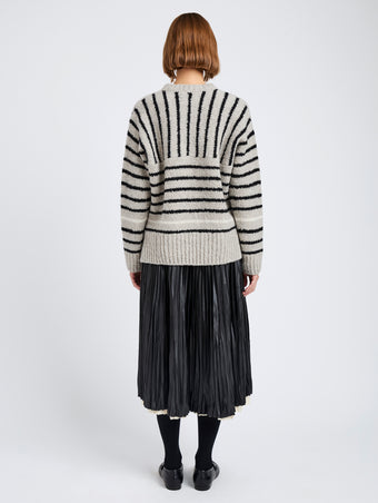 Proenza Schouler Back full length image of model wearing Leonie Sweater in Stripe Wool in Dark Grey Multi
