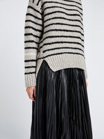 Proenza Schouler Detail image of model wearing Leonie Sweater in Stripe Wool in Dark Grey Multi