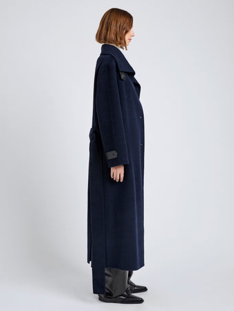 Proenza Schouler Side full length image of model wearing Corey Coat in Splittable Wool in Ink