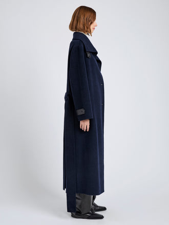 Proenza Schouler Side full length image of model wearing Corey Coat in Splittable Wool in Ink