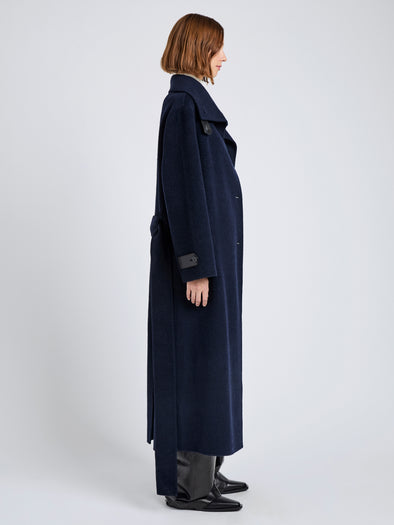 Proenza Schouler Side full length image of model wearing Corey Coat in Splittable Wool in Ink