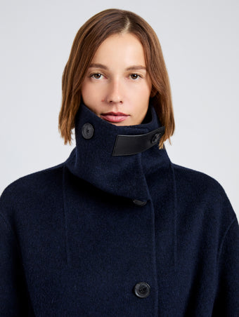 Proenza Schouler Detail image of model wearing Corey Coat in Splittable Wool in Ink