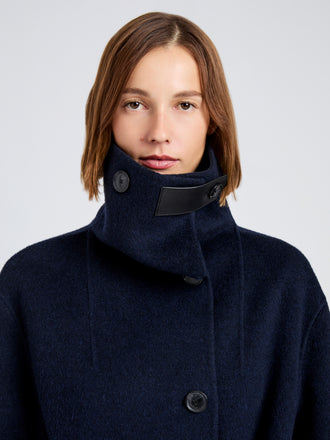 Proenza Schouler Detail image of model wearing Corey Coat in Splittable Wool in Ink
