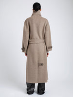 Proenza Schouler Back full length image of model wearing Corey Coat in Splittable Wool in Walnut Melange