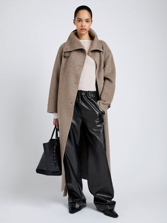 Proenza Schouler Front full length image of model wearing Corey Coat in Splittable Wool in Walnut Melange