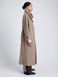 Proenza Schouler Side full length image of model wearing Corey Coat in Splittable Wool in Walnut Melange