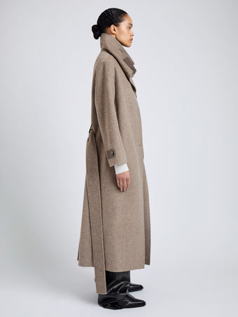 Proenza Schouler Side full length image of model wearing Corey Coat in Splittable Wool in Walnut Melange