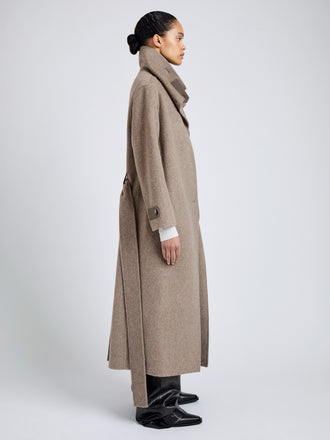 Proenza Schouler Side full length image of model wearing Corey Coat in Splittable Wool in Walnut Melange