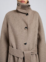 Proenza Schouler Detail image of model wearing Corey Coat in Splittable Wool in Walnut Melange