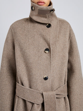 Proenza Schouler Detail image of model wearing Corey Coat in Splittable Wool in Walnut Melange
