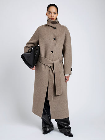 Proenza Schouler Front full length image of model wearing Corey Coat in Splittable Wool in Walnut Melange
