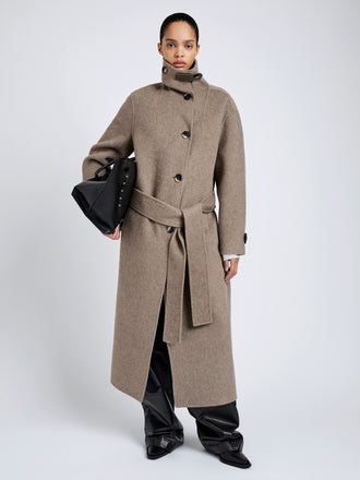 Proenza Schouler Front full length image of model wearing Corey Coat in Splittable Wool in Walnut Melange