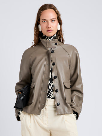 Proenza Schouler Front cropped image of model wearing Gio Jacket in Lightweight Leather in Fawn