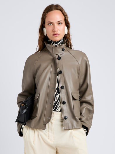 Proenza Schouler Front cropped image of model wearing Gio Jacket in Lightweight Leather in Fawn