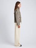 Proenza Schouler Side full length image of model wearing Gio Jacket in Lightweight Leather in Fawn