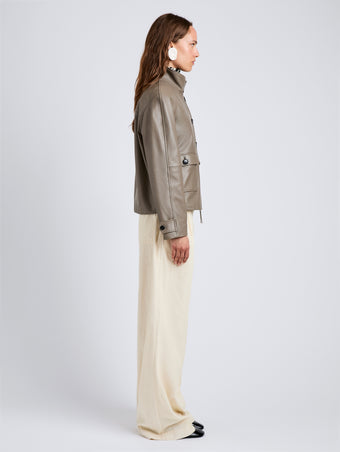 Proenza Schouler Side full length image of model wearing Gio Jacket in Lightweight Leather in Fawn