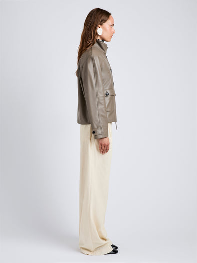 Proenza Schouler Side full length image of model wearing Gio Jacket in Lightweight Leather in Fawn