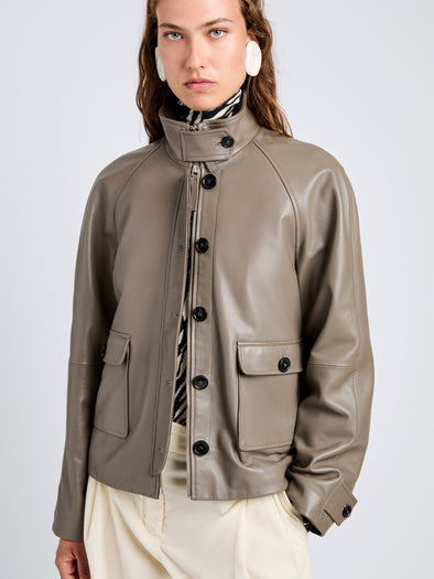 Proenza Schouler Detail image of model wearing Gio Jacket in Lightweight Leather in Fawn