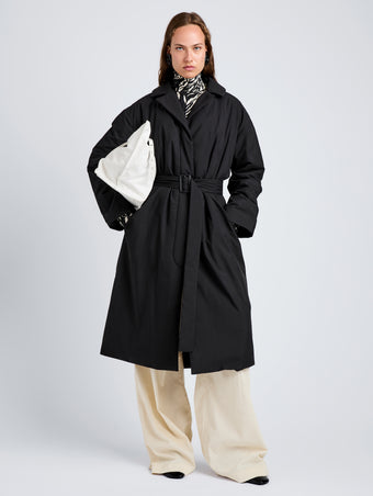 Proenza Schouler Front full length image of model wearing Saphira Coat in Paracute Cotton in Black