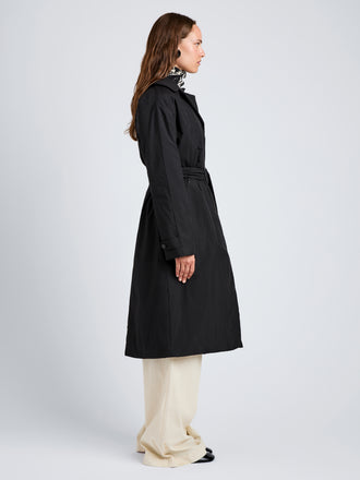 Proenza Schouler Side full length image of model wearing Saphira Coat in Paracute Cotton in Black