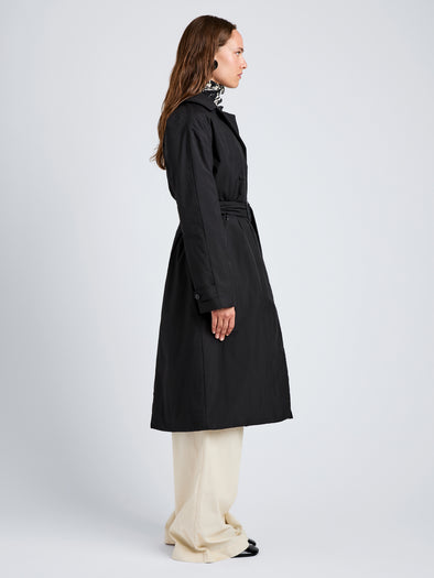Proenza Schouler Side full length image of model wearing Saphira Coat in Paracute Cotton in Black